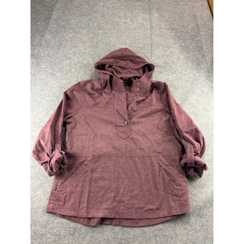 Prana Women Burgundy Hemp Blend Hooded Popover Shirt Kangaroo Pocket Large Gorp